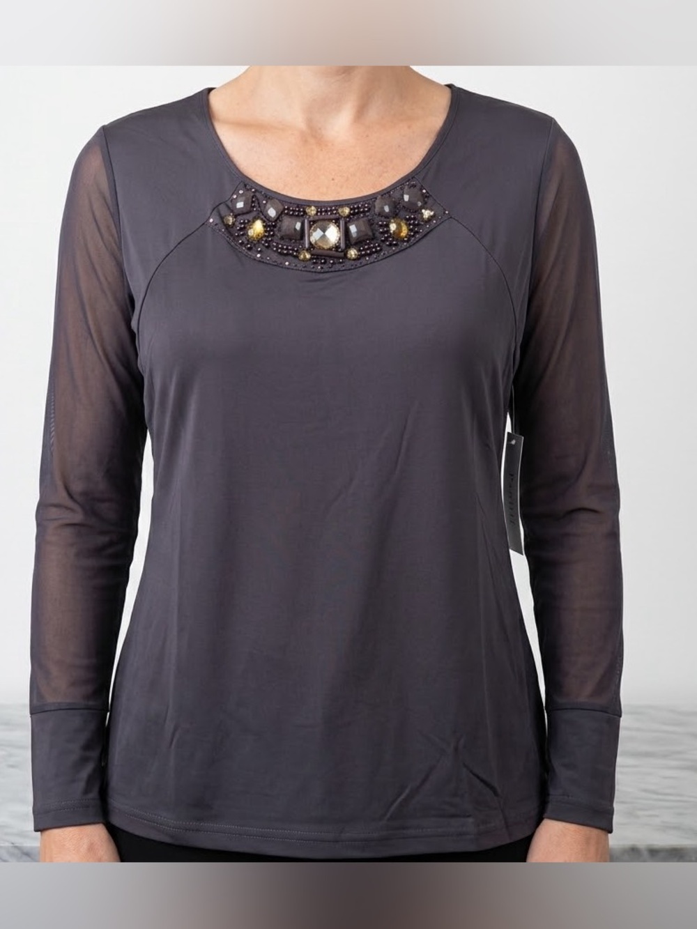 Panitti Medium Charcoal Grey Beaded Mesh Sleeve Top NWT